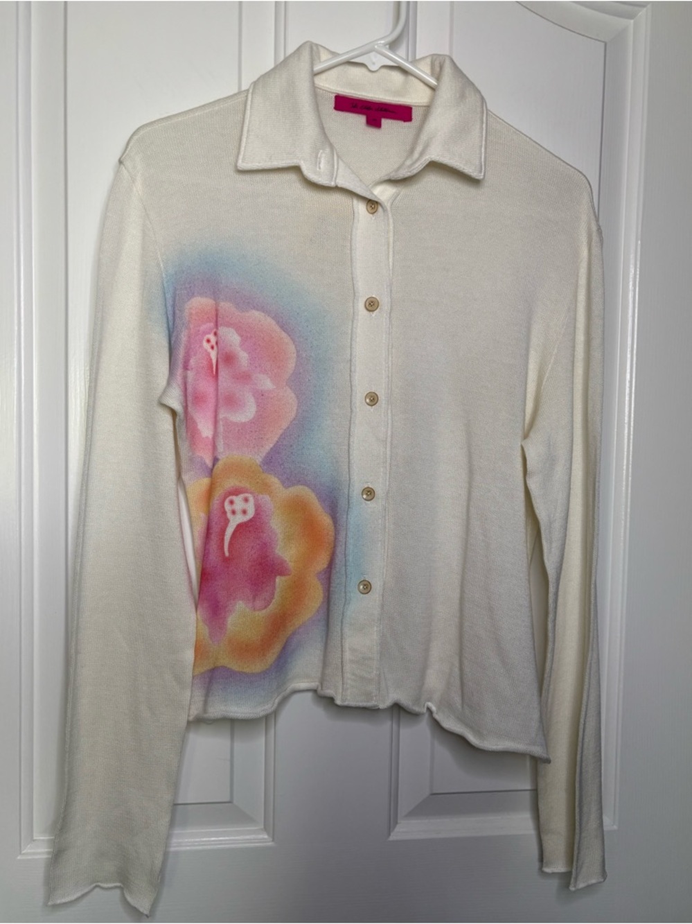 NWT THE ELDER STATESMAN White Button-Up Sweater Floral Airbrush size M